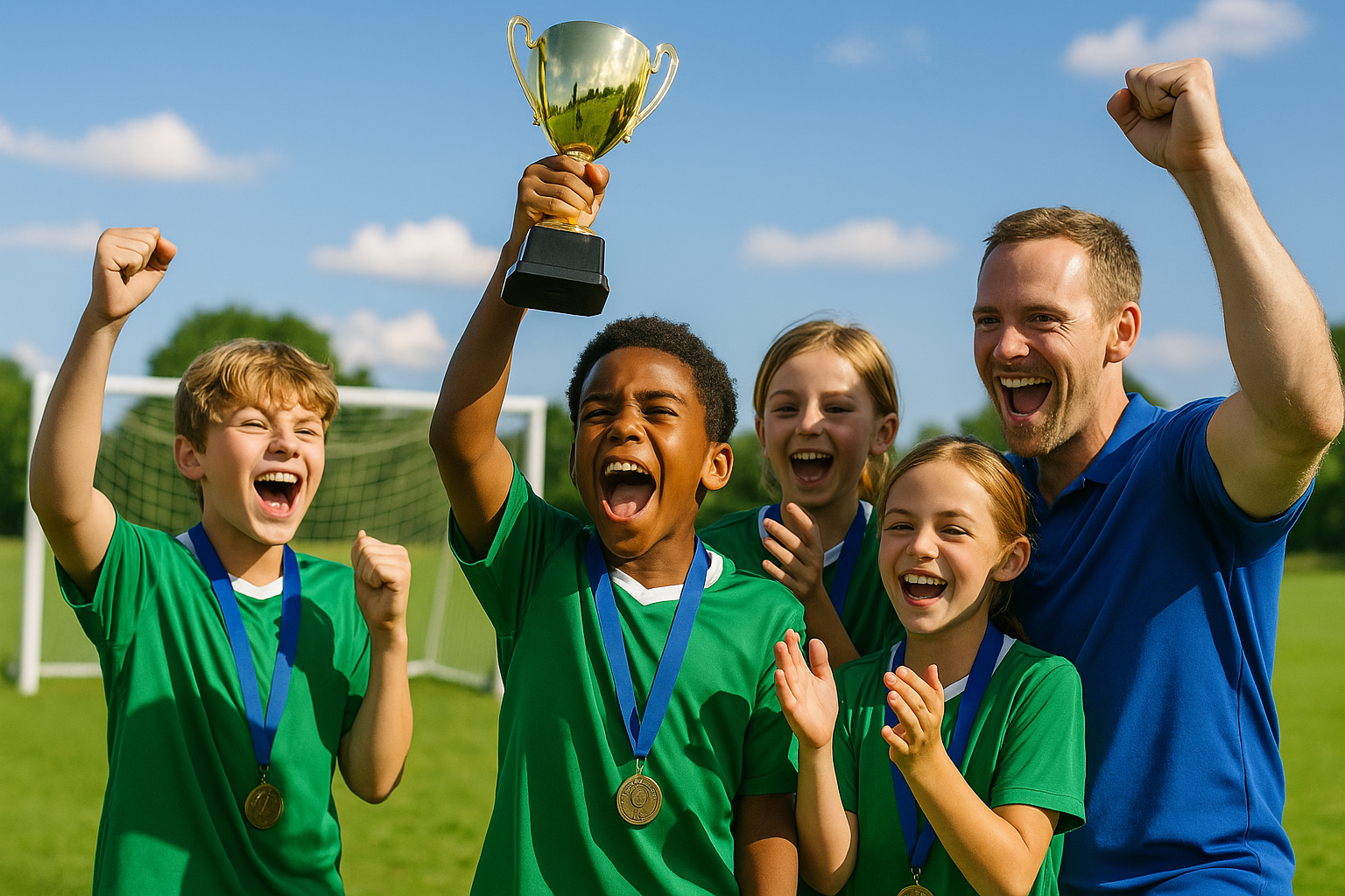 Youth soccer team and coach celebrating victory on a field, holding a trophy, green shirts, blue sky.
