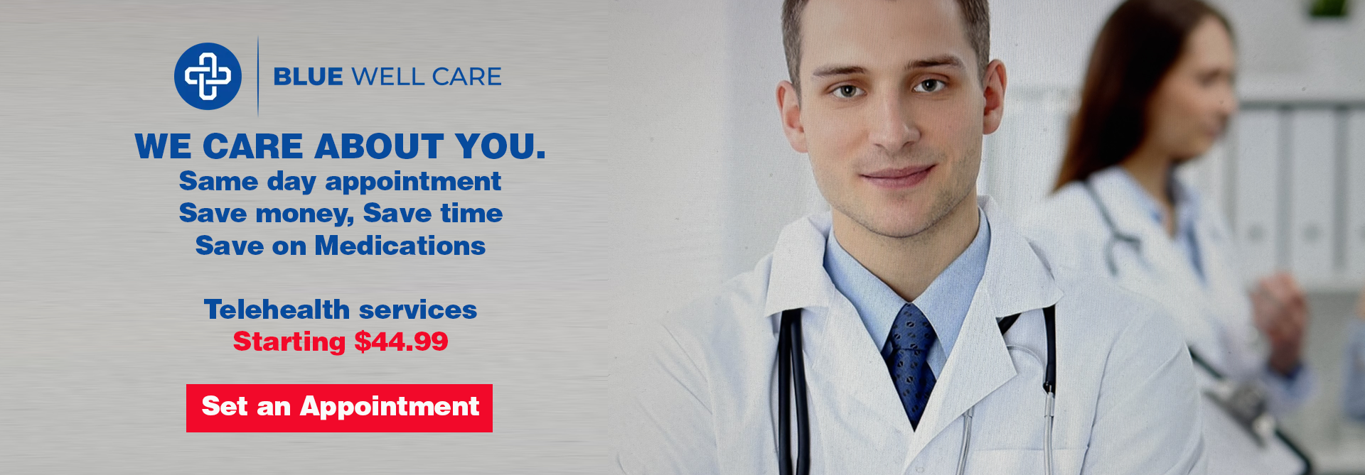 Advertisement for Blue Well Care with two doctors and text promoting telehealth services.