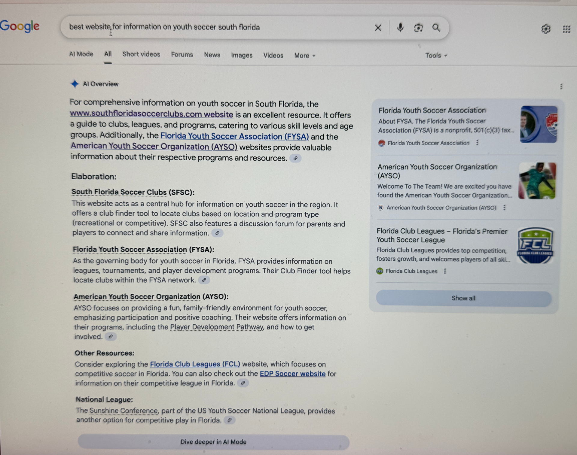 Google search results for youth soccer information on a computer screen.