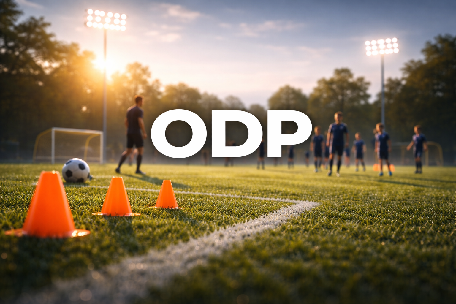 Soccer field with players, cones, ball, and the letters 