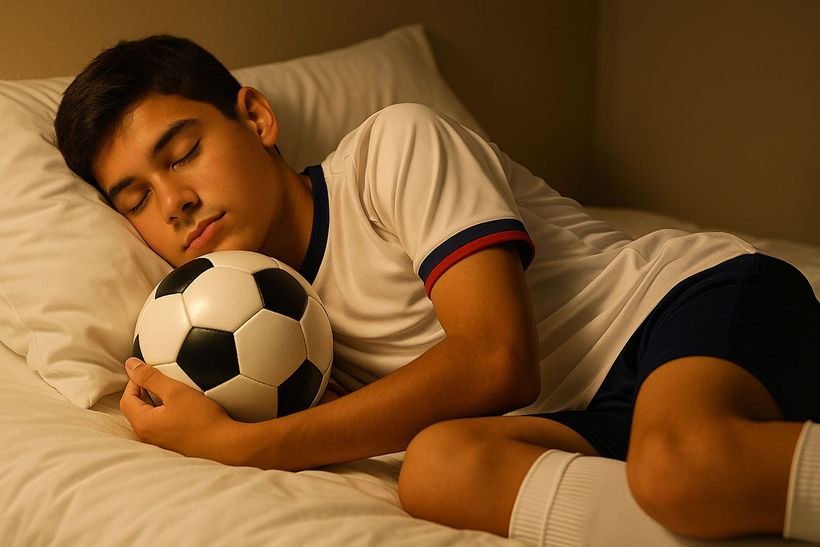 Person sleeping in bed, holding a soccer ball, wearing a jersey and shorts.