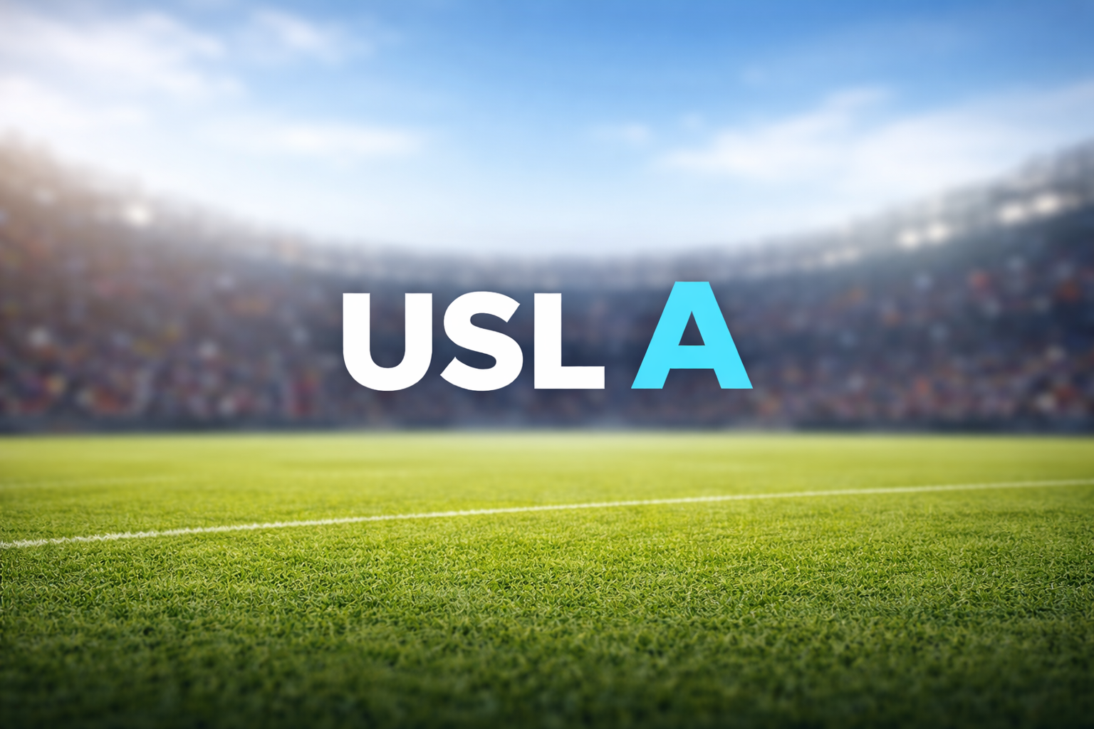USL A logo over a soccer field with a stadium in the background.