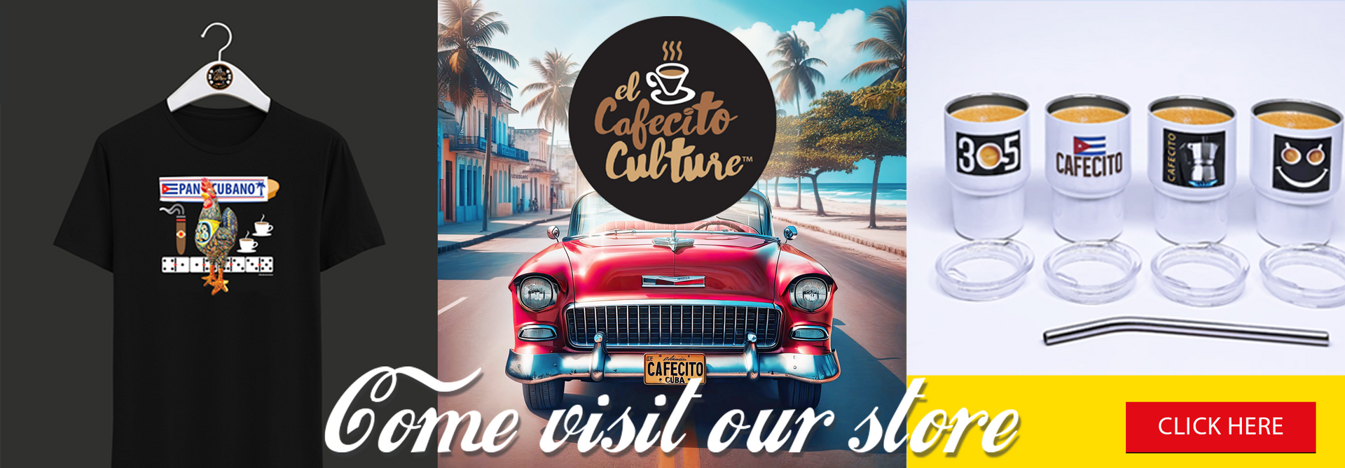 Banner with a black t-shirt, a classic red car in Cuba, and shot glasses, with a