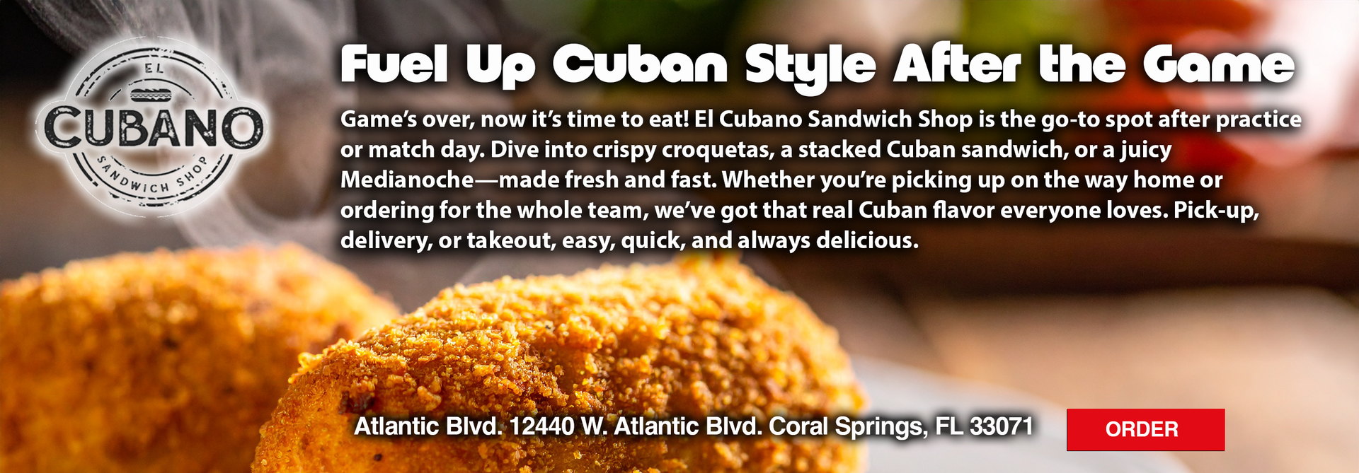 Cubano restaurant ad: crispy fried food, text