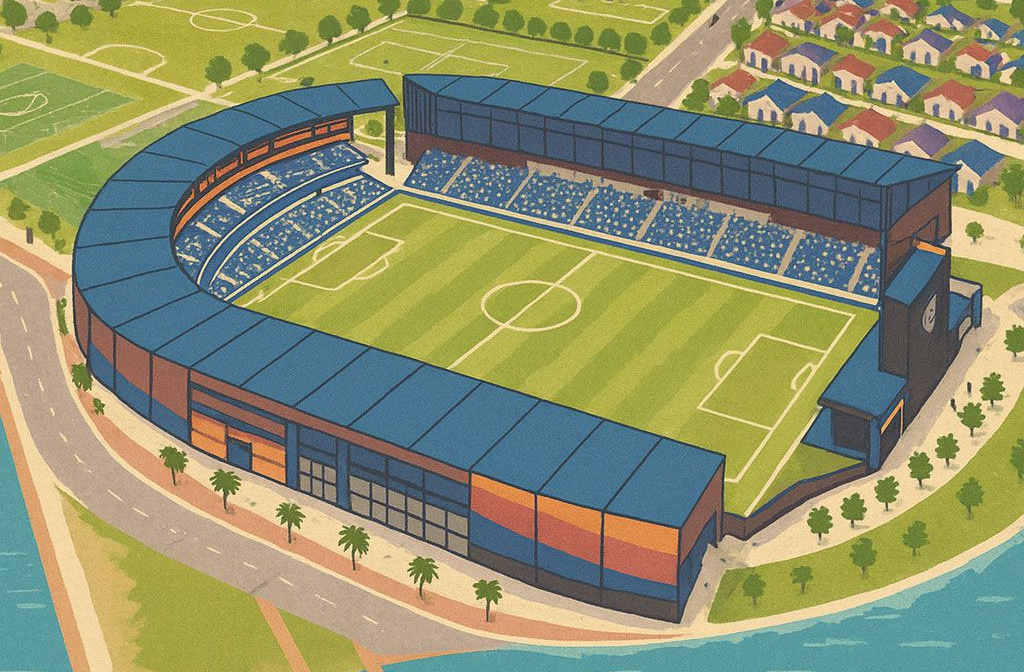 Soccer stadium, green field, blue seats, curved design, near town with houses.