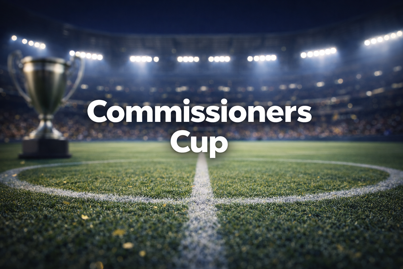 Commissioners Cup logo over football field, with trophy in the background.