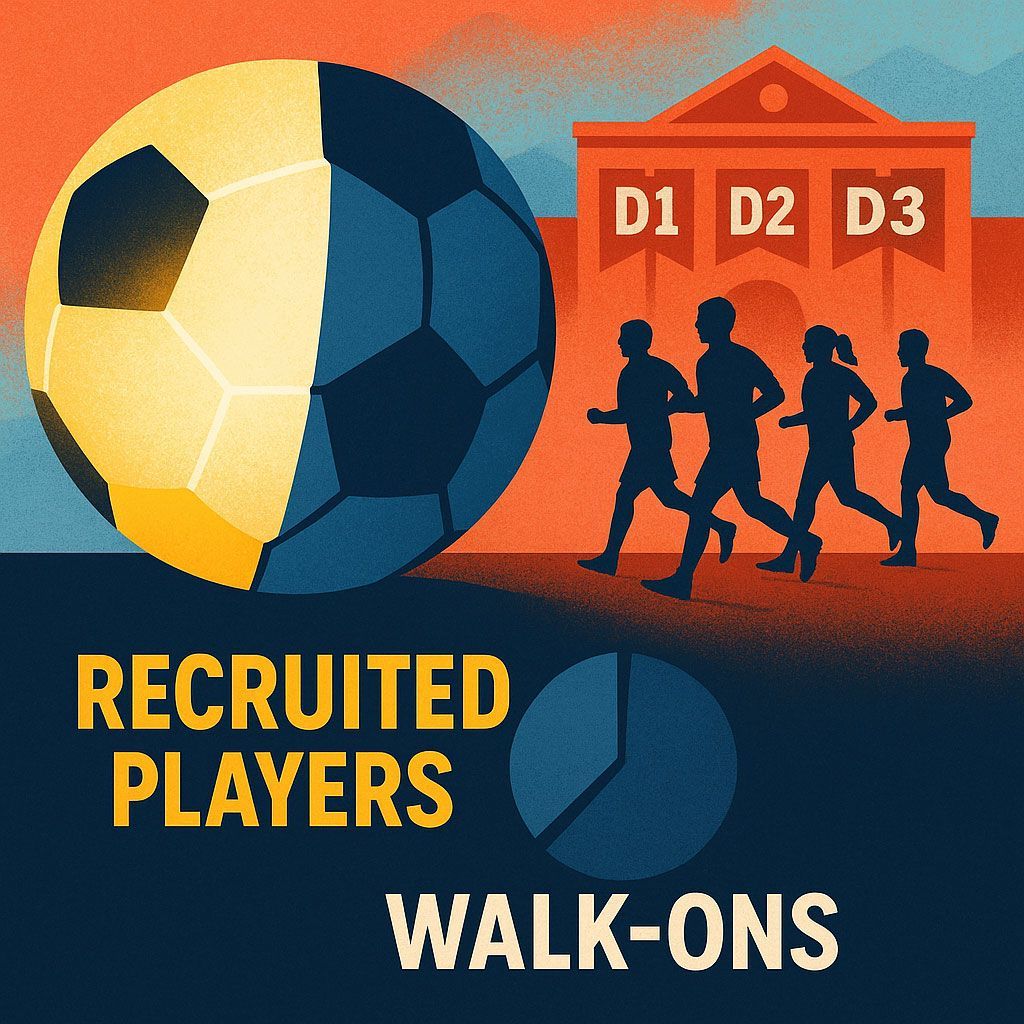 Soccer ball next to students running towards college building with D1, D2, D3 signs. Text: Recruited Players, Walk-ons.