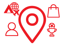 Red location pin with icons for travel, shopping, people, and sports.