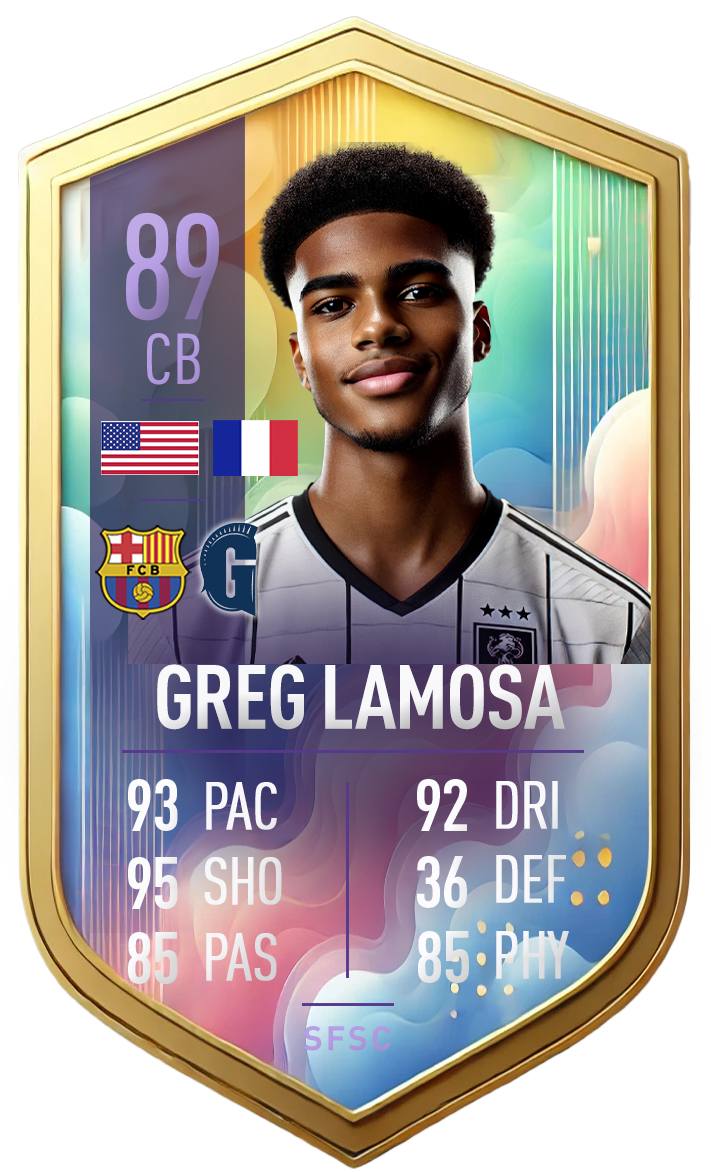 A FIFA Ultimate Team card featuring Greg Lamosa, an 89-rated center back. The card highlights his stats and features his image.