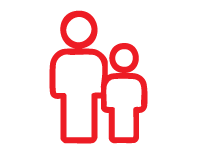 Red outline of an adult and child standing side by side.