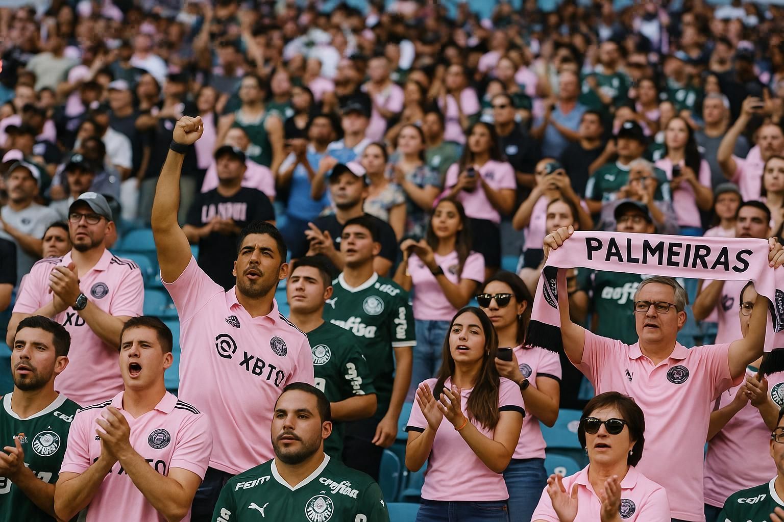 Soccer fans in a stadium, many wearing pink shirts, cheering and holding a