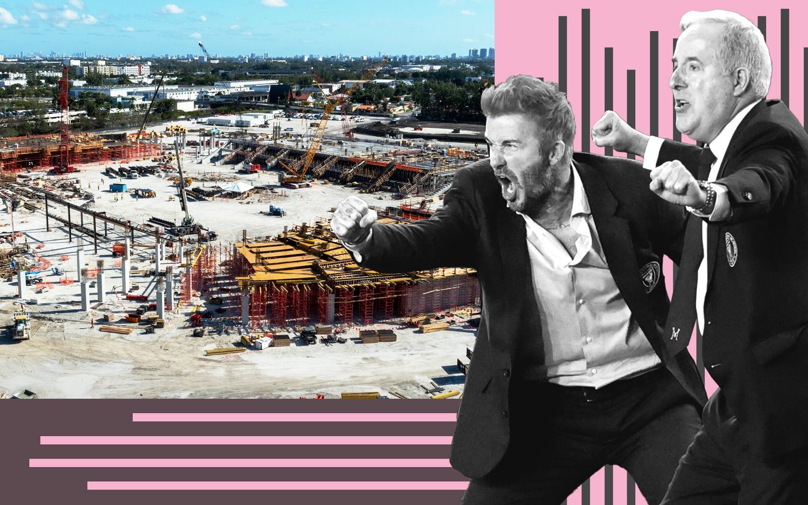 Construction site with David Beckham and a man in a suit, both looking excited, overlaid. Pink bars.