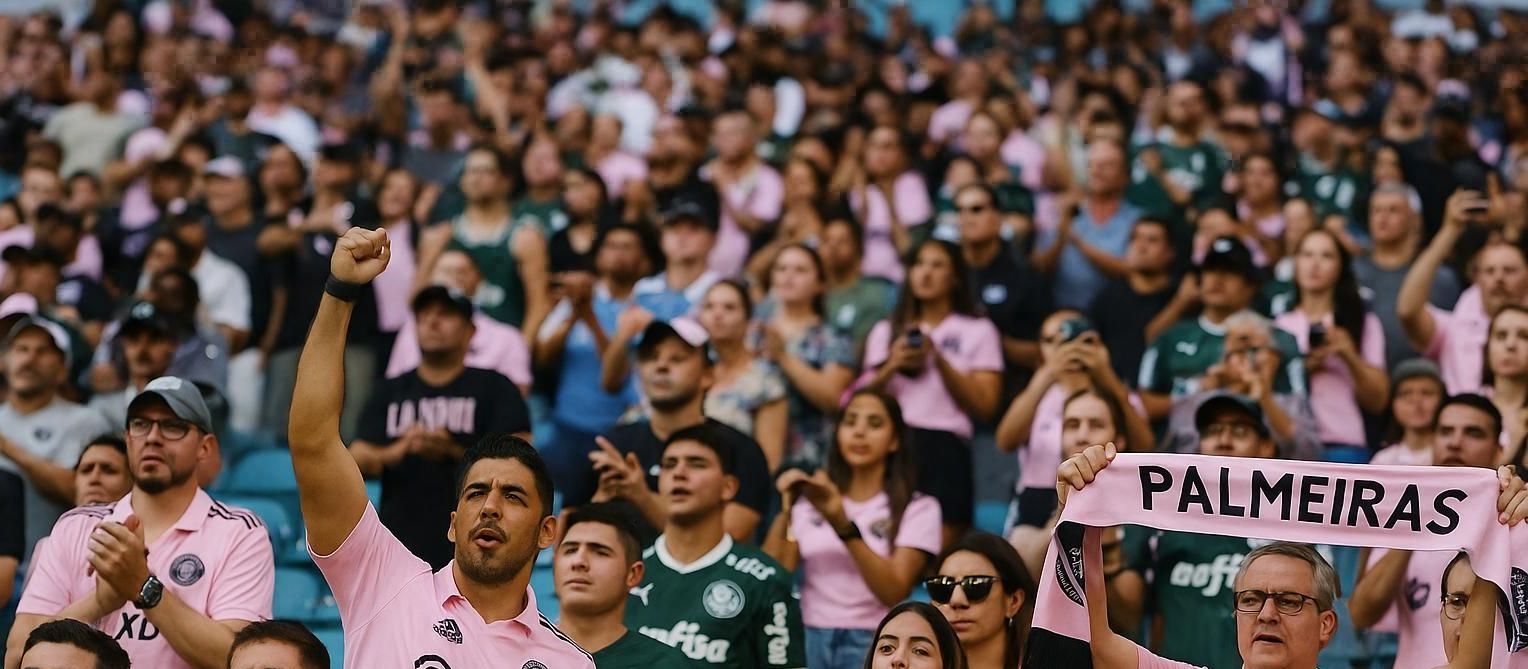 A crowd of fans cheering in a stadium, many wearing pink. One man raises a fist, another holds a