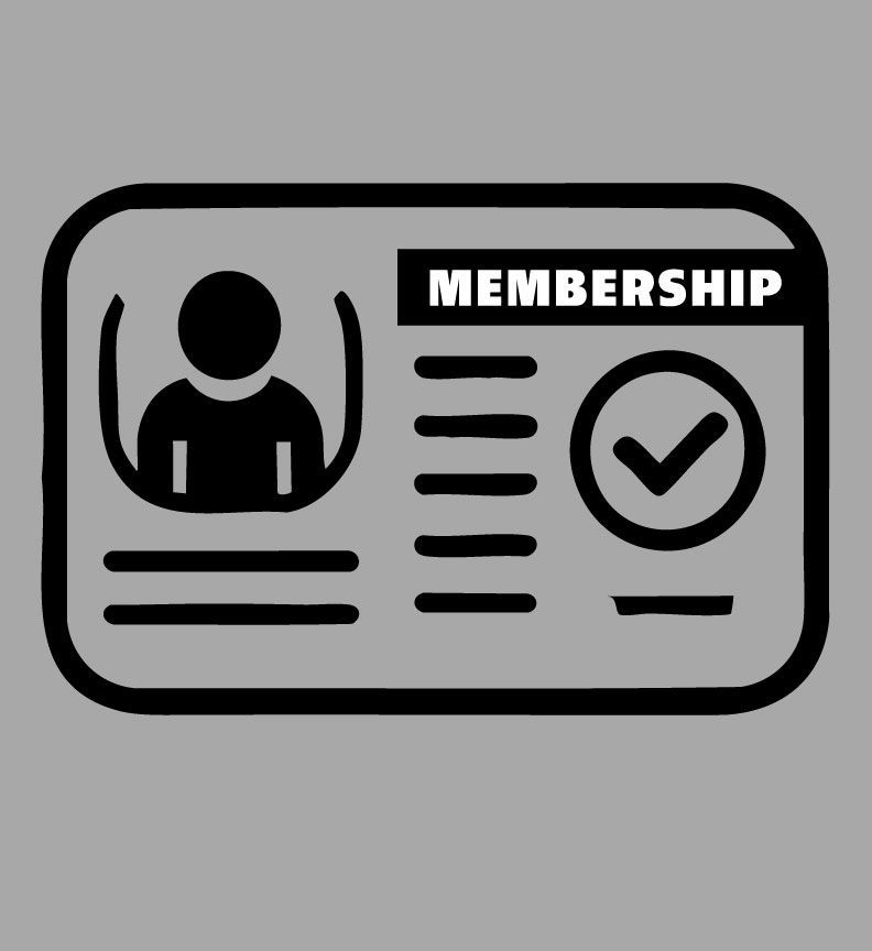 Black and white membership card with a person icon, lines, a checkmark, and the word 