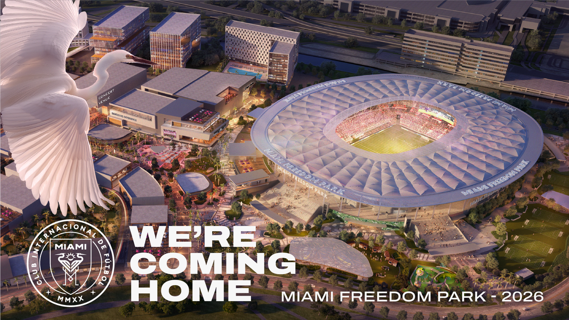 Aerial view of Miami Freedom Park with stadium and buildings;