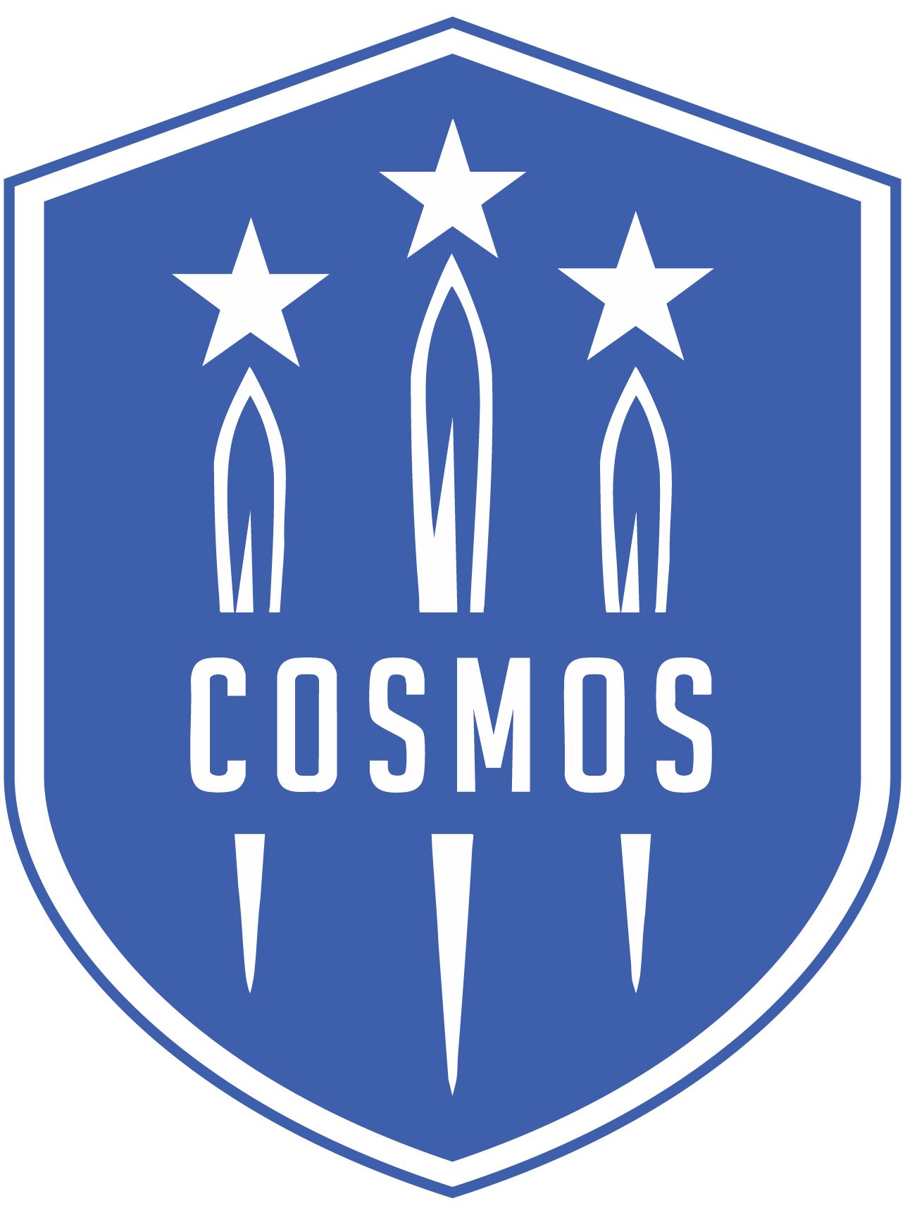 Blue shield with white design: three rockets ascending to stars above the word 