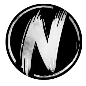 Black circular logo with a white brushstroke letter N in the center