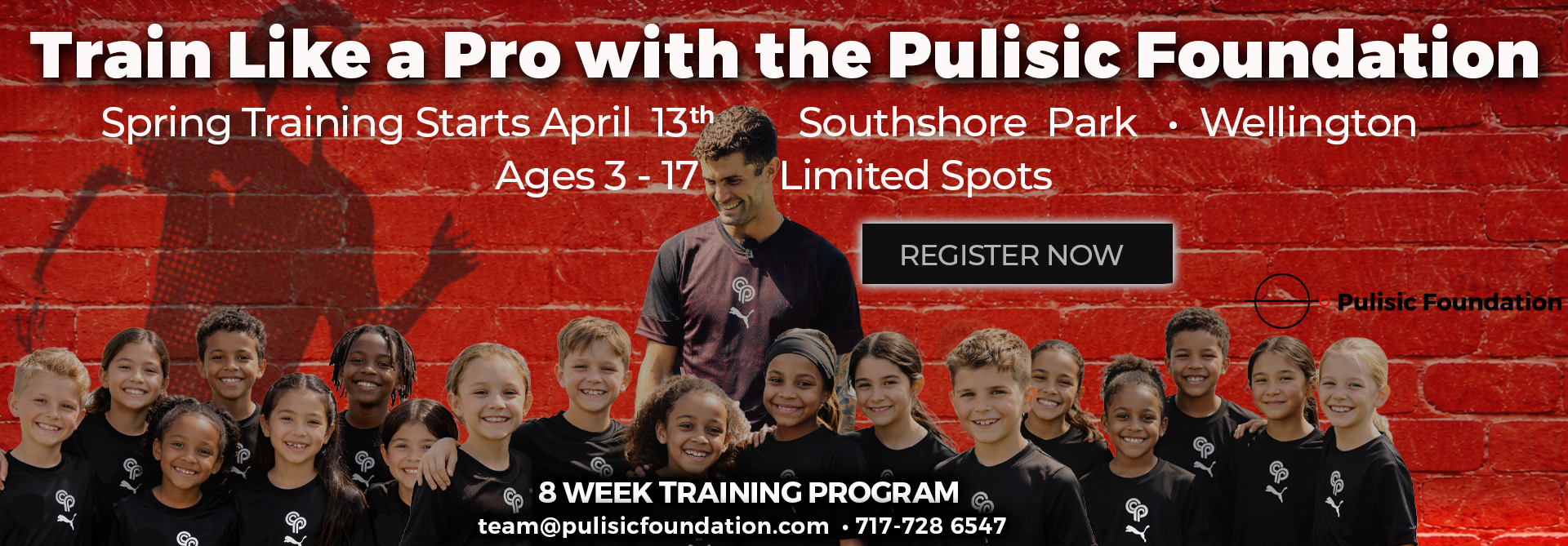 Red sports event banner for The Pulisic Foundation with a group photo and training program details.