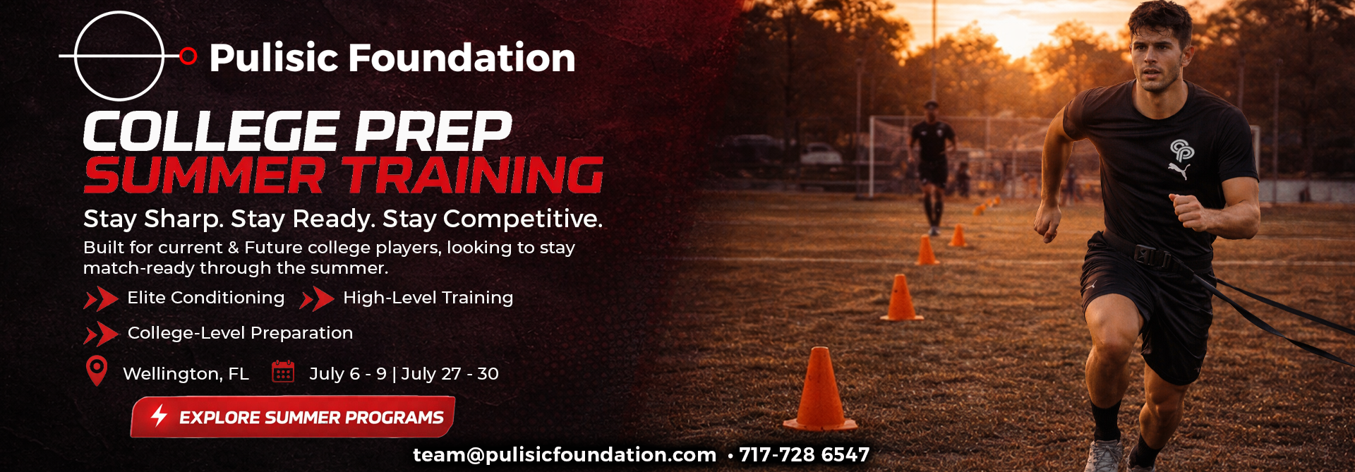 Public Foundation College Prep Summer Training poster with runners on a sunset road and event details