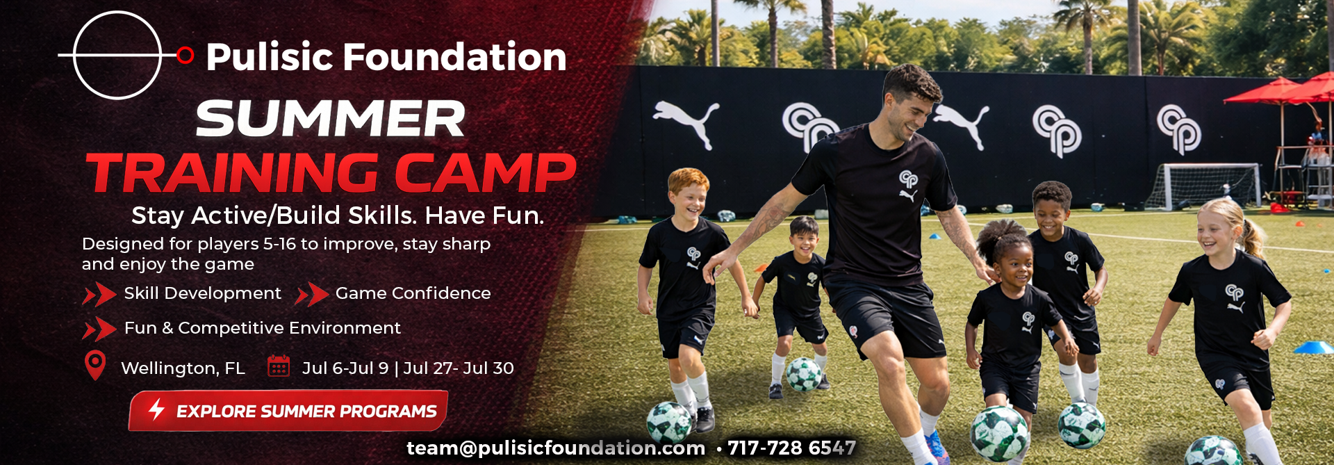 Puursic Foundation Summer Training Camp banner with soccer players training on a lit field at night