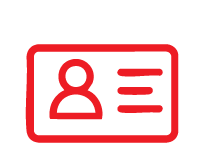 Red ID card icon with person silhouette and lines.