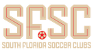 SFSC logo: Cream block letters with red outlines, soccer ball icon, 
