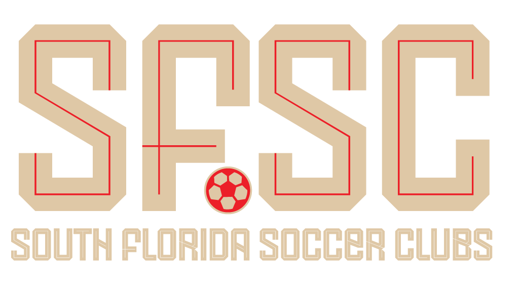 SFSC logo: Cream block letters with red outlines, soccer ball icon,