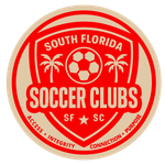 Red and tan South Florida Soccer Clubs logo with a soccer ball, palm trees, and text.