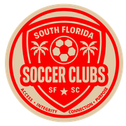 Red and tan South Florida Soccer Clubs logo with a soccer ball, palm trees, and text.