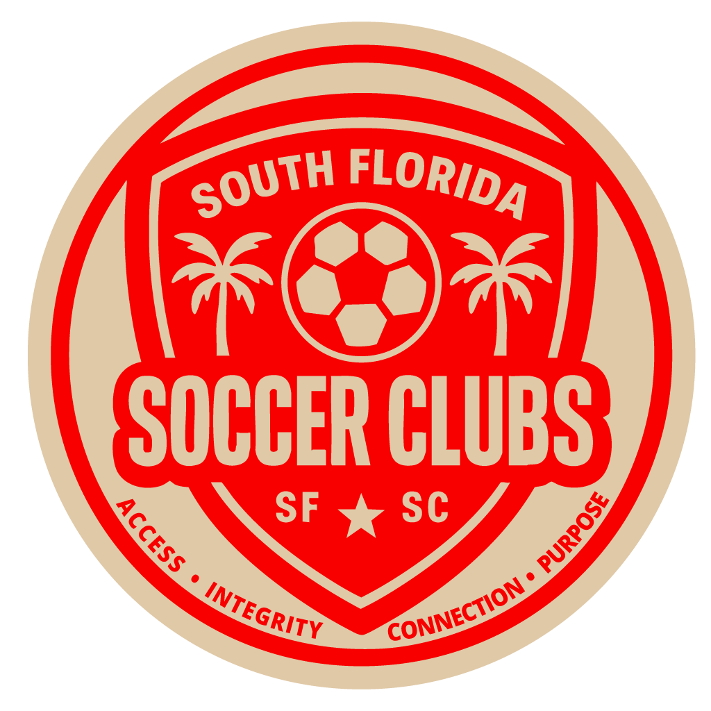 Red and tan South Florida Soccer Clubs logo with a soccer ball, palm trees, and text.