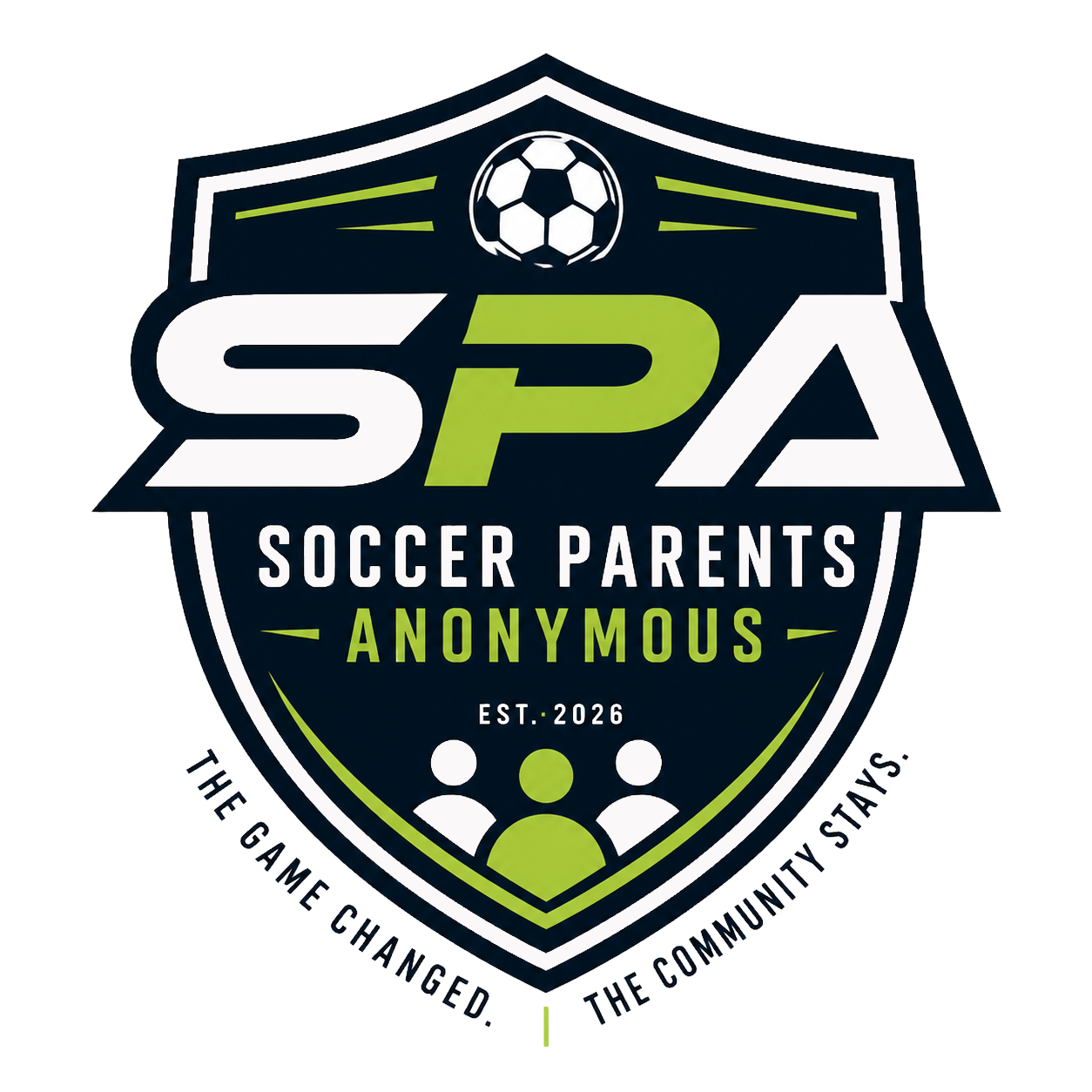 Soccer Parents Anonymous shield logo in navy, white, green, and black with a soccer ball and slogan.
