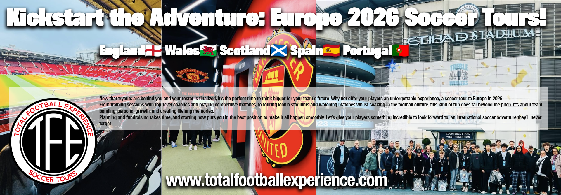 Banner for Europe 2026 Soccer Tours, advertising England, Wales, Scotland, Spain, and Portugal.