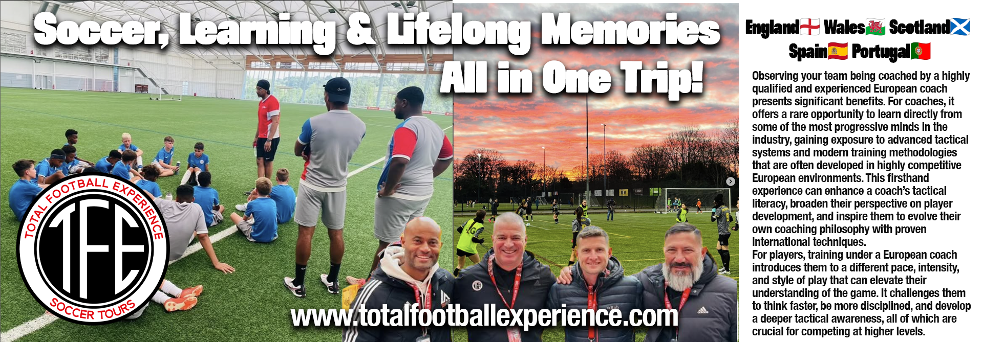 Soccer training camp: players and coaches on a field, logo