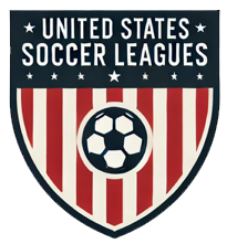 United States Soccer Leagues logo: shield with red and white stripes, soccer ball, and text.