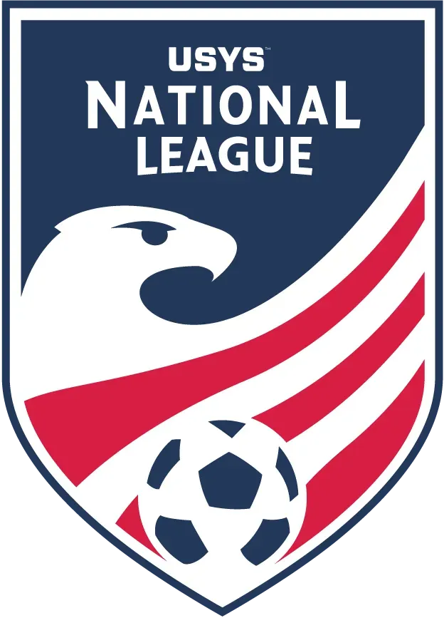 USYS National League logo: Shield with eagle, red stripes, soccer ball, and text.