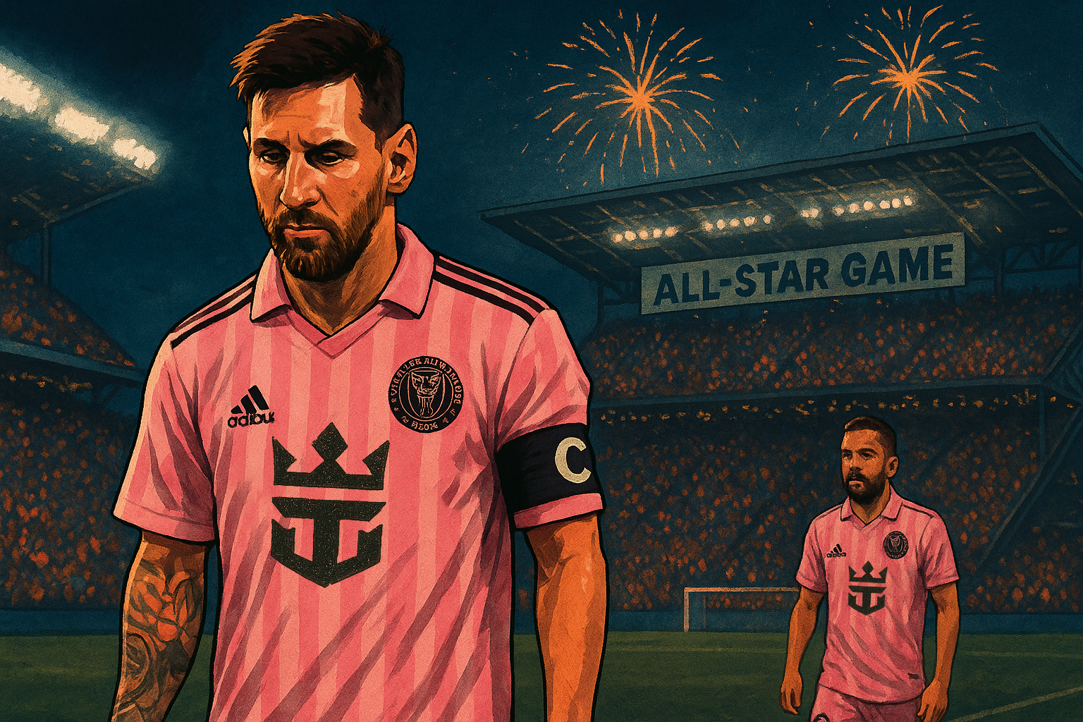Lionel Messi in a pink jersey on a soccer field, walking, with another player. Fireworks in the background.