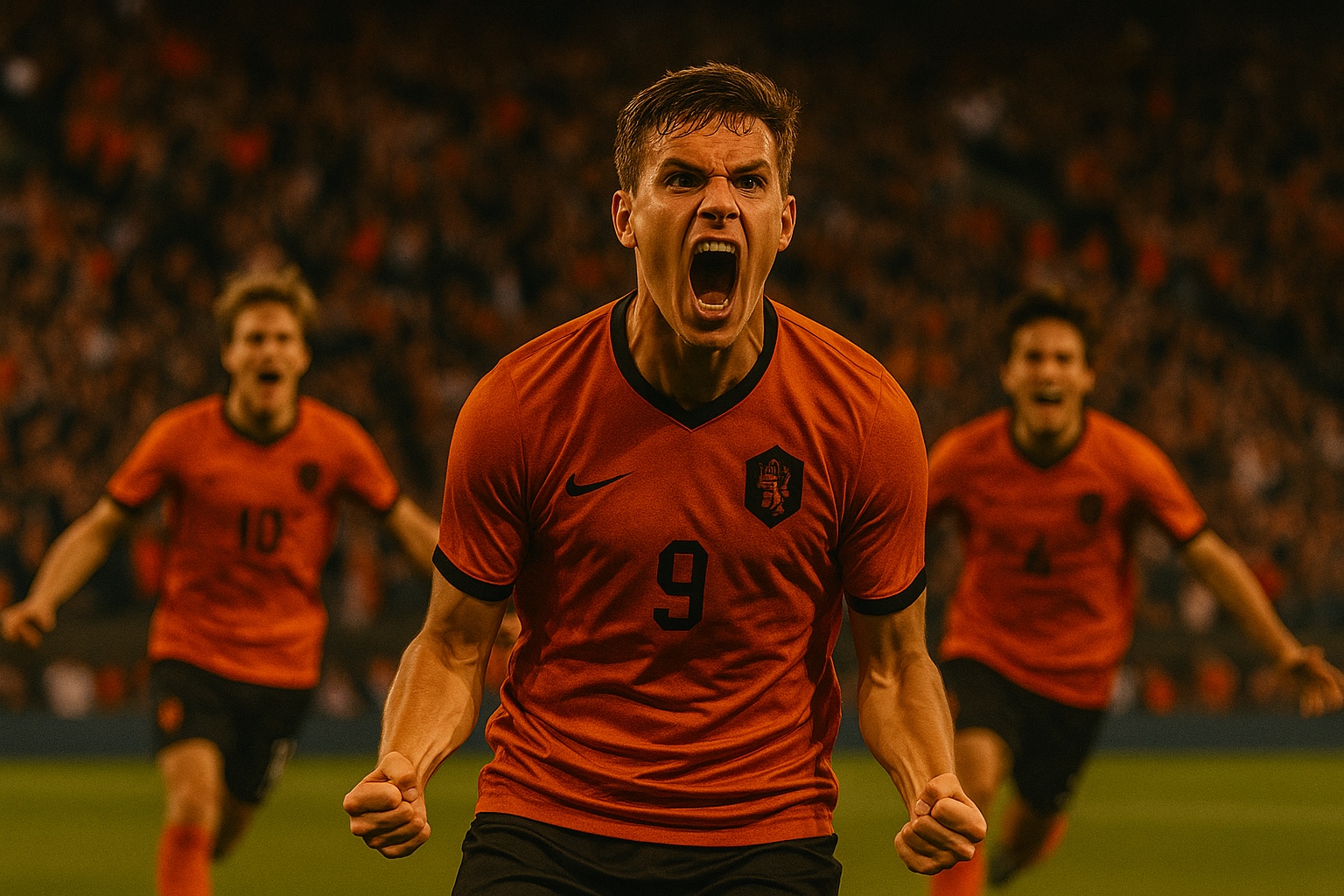 Soccer player in orange jersey celebrates, clenched fists, mouth open, two teammates behind.