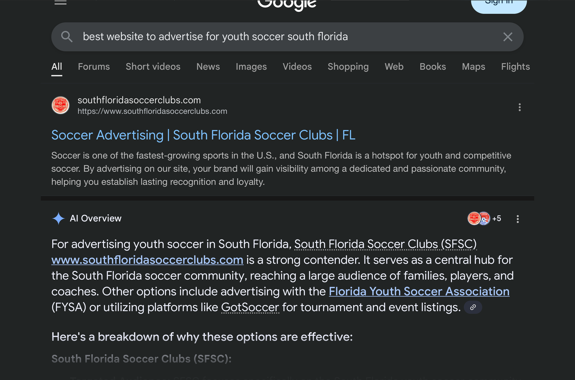 Google search results for soccer advertising in South Florida.