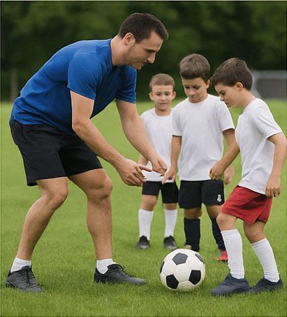 Soccer coach demonstrating ball handling to young players on a green field.