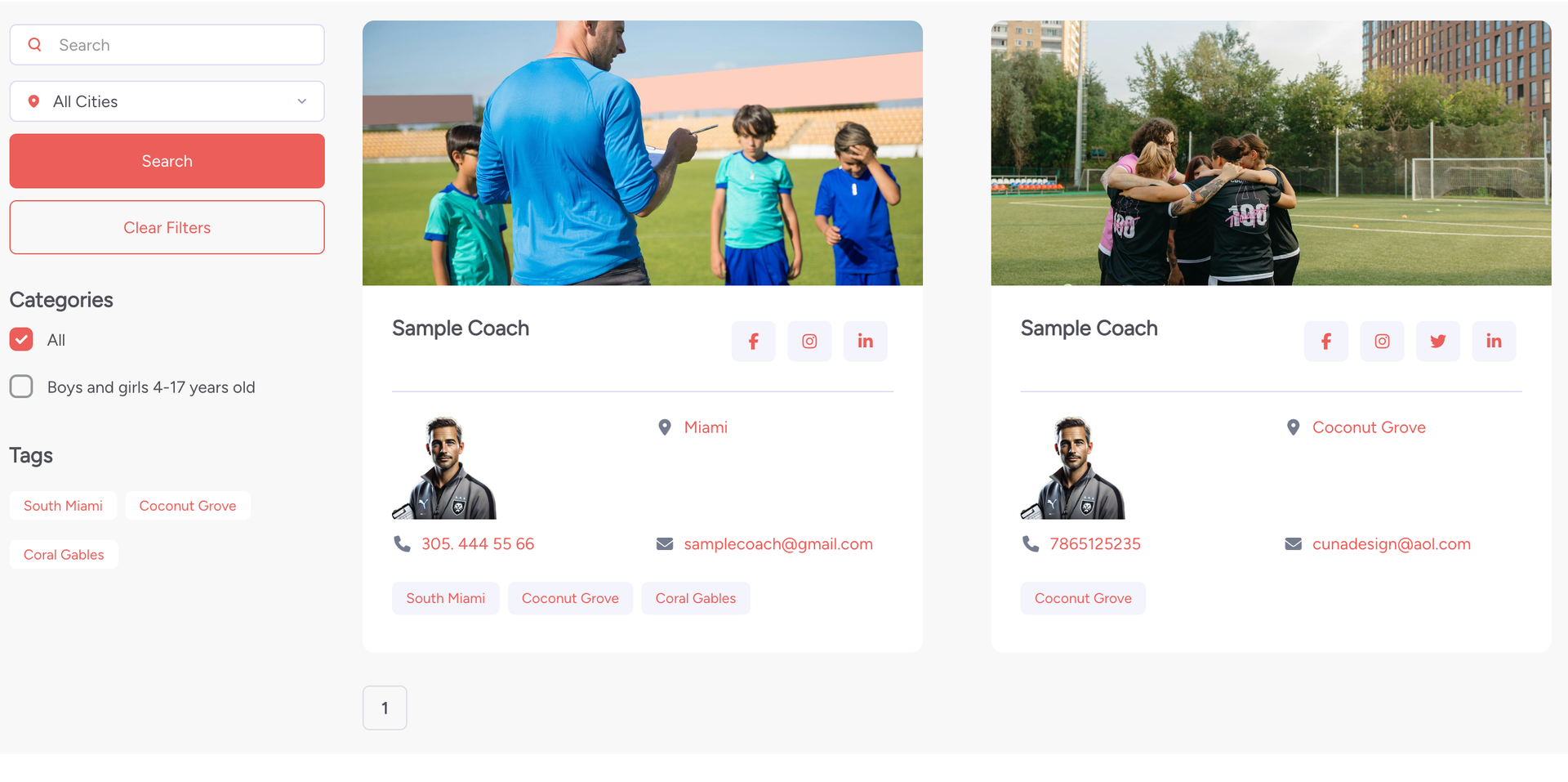 Webpage with a search bar, categories, and coach profiles. Each has an image and contact info.