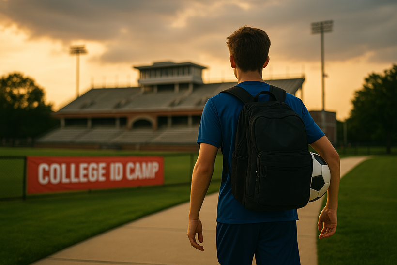 Teen with backpack and soccer ball walks towards 