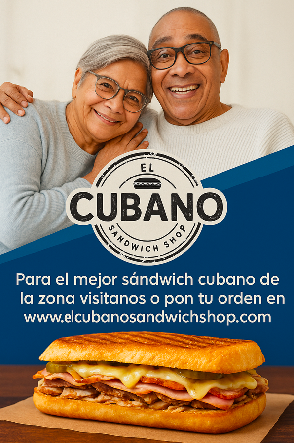 Advertisement for El Cubano Sandwich Shop: A couple smiles above a sandwich, website, and text in Spanish.