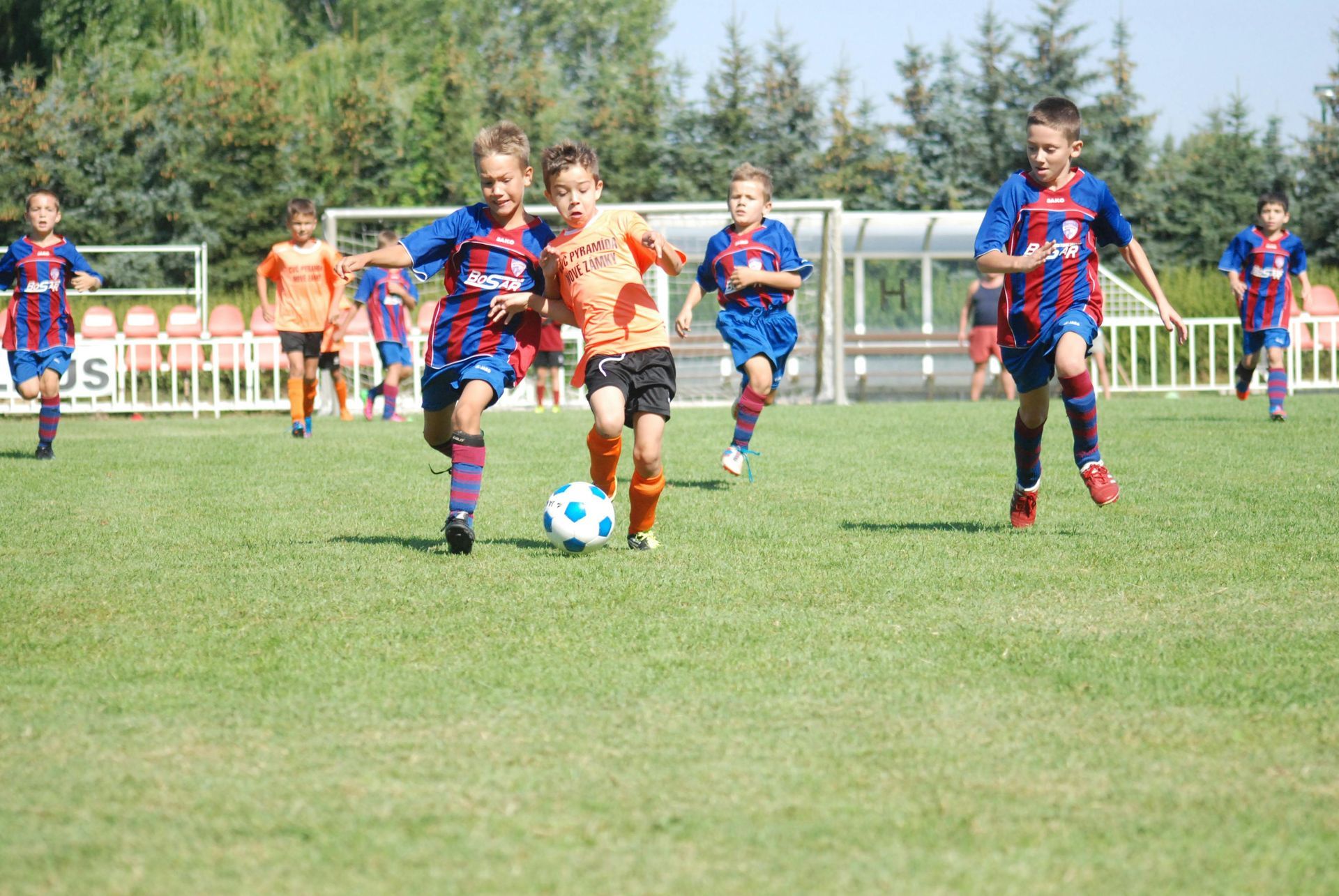 Young soccer players in blue and orange uniforms playing on a green field.