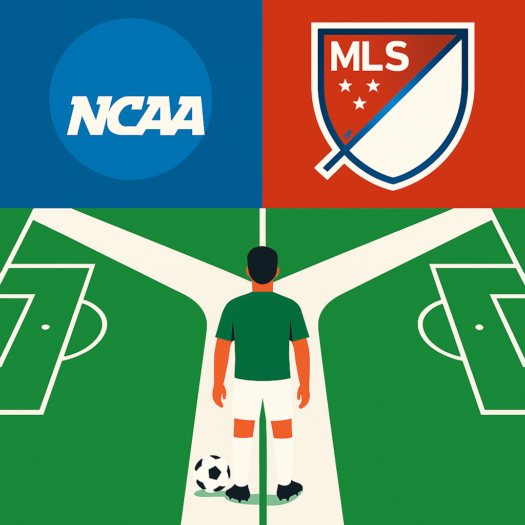 Soccer player at a crossroads, with NCAA and MLS logos above a divided field.