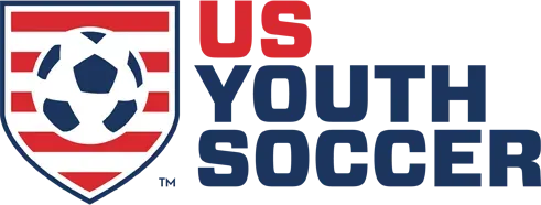 US Youth Soccer logo: shield with soccer ball and stripes,