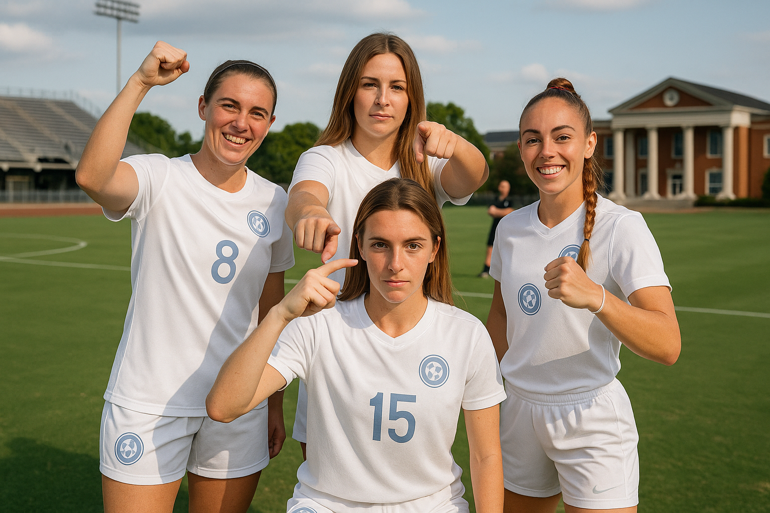 Four soccer players in white jerseys, on a field, pointing and celebrating.