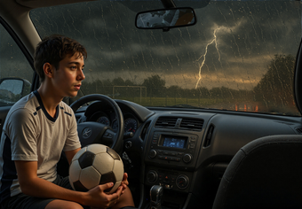 Teenager in car holding a soccer ball, watching a lightning storm over a soccer field.
