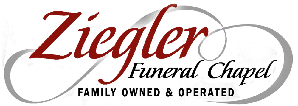 Ziegler Funeral Chapel logo with maroon script and black text on a gray background