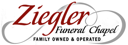 Ziegler Funeral Chapel logo with maroon script and black text on a gray background