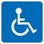 White wheelchair accessibility symbol on a blue square background